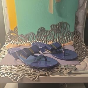 Michael Kors Blue Bow Jelly Flip Flops with Gold Accent